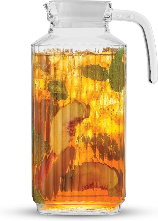Joyjolt 60Oz Glass Pitcher with Lid (2 Lids) - Beverage Serveware and Storage Container for Cold Drinks and Liquids. Juice Container, Water Jug,