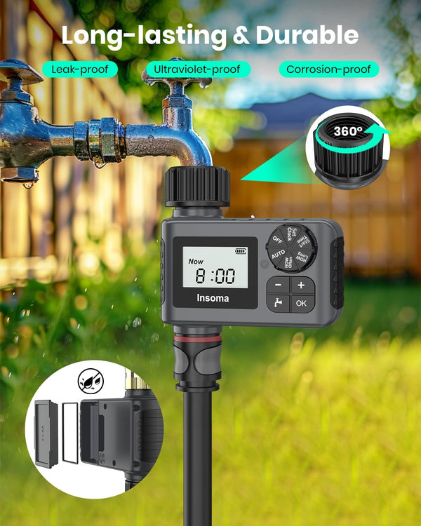 Outdoor Garden Hose Faucet Timers, Programmable Water Sprinkler Timer with Rain Delay/Manual/Automatic Drip Irrigation and Lawn Watering System