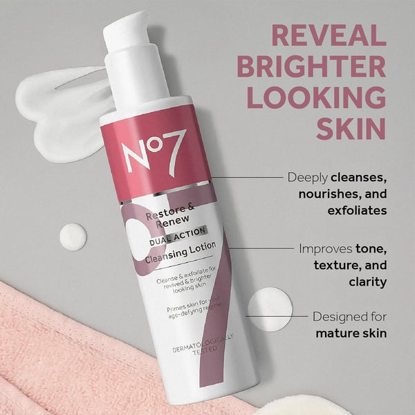 No7 Restore & Renew Dual Action Cleansing Lotion - Facial Cleanser & Exfoliant with Alpha Hydroxy Acid - Cleansing Lotion Makeup Remover for