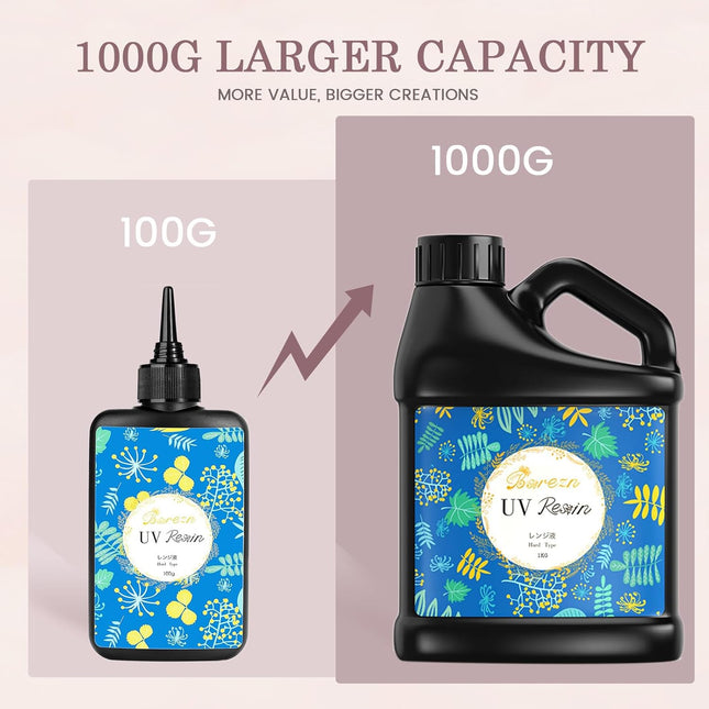 Bsrezn 1000G UV Resin Hard, Crystal Clear Solar Activated UV Glue for Jewelry Making (1000G)