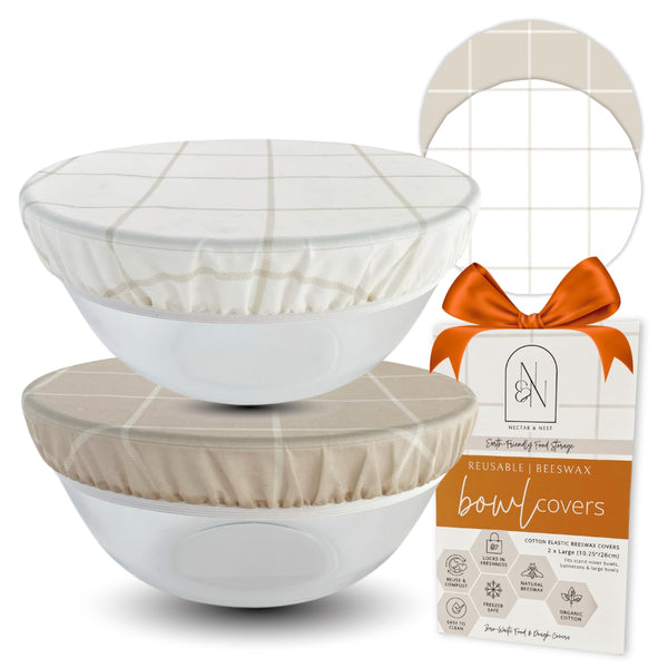 Nectar & Nest Reusable Bowl Covers for Bread Proofing (2 Lg) - Beeswax Bowl Covers Reusable, 100% Organic Cotton, Elastic Cover for Sourdough,
