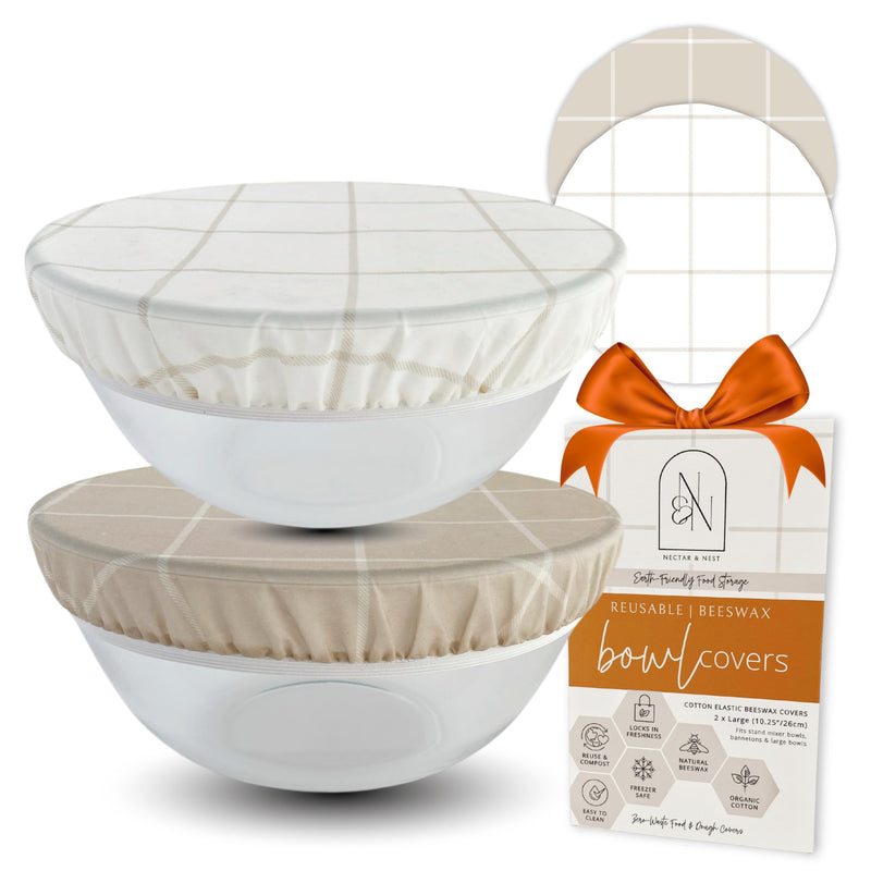 Nectar & Nest Reusable Bowl Covers for Bread Proofing (2 Lg) - Beeswax Bowl Covers Reusable, 100% Organic Cotton, Elastic Cover for Sourdough,