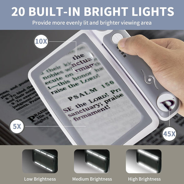 Magnifying Glass with Light, 5X 10X 45X Rechargeable Magnifier with 20 LED Light, 3 Modes Folding Lighted Magnifying Glass Handheld for Seniors