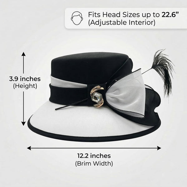 June'S Young Women Church Hats Formal Dress Derby Hats with Feather Elegant Bucket Hats (Black/White)