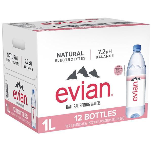 Evian Natural Spring Water, 1 L Bottle, 12 Pack