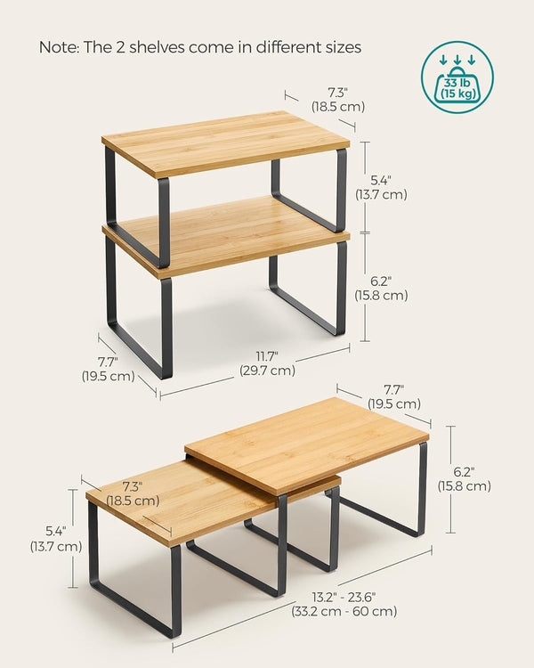 SONGMICS Cabinet Organizer Shelf, Set of 2 Kitchen Counter Shelves, Kitchen Storage, Spice Rack, Stackable, Expandable, Metal and Engineered Wood,