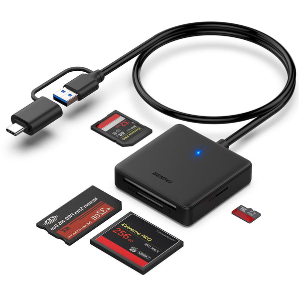 Memory Card Reader, BENFEI 4In1 USB 3.0 and USB-C to SD Micro SD MS CF Card Reader Adapter, 4 Cards Simultaneously Read and Write, Compatible with