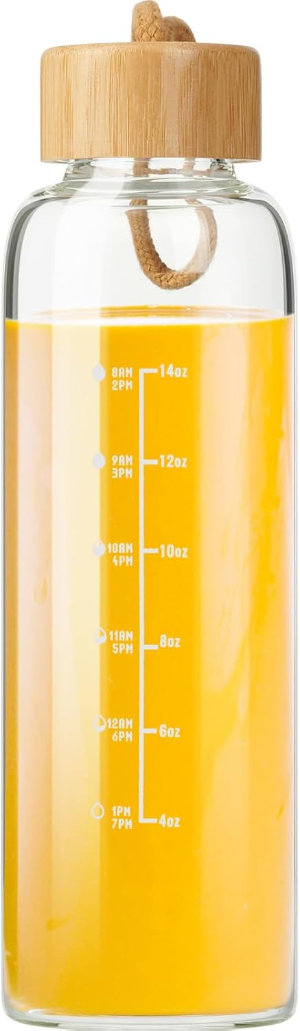 Glass Bottles with Lids and Time Marker, Glass Water Bottles with Carrying Strap, 17Oz Glass Bottles for Juicing for Office, Gym