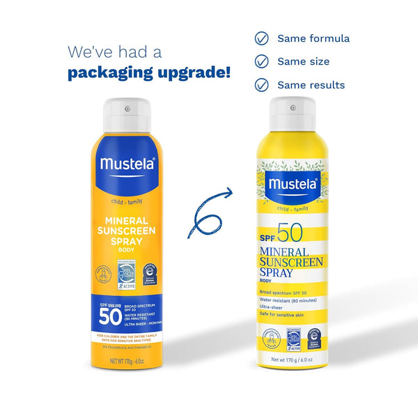 Mustela Baby Mineral Sunscreen Spray SPF 50 Broad Spectrum - Body Sun Spray for Sensitive Skin - Water Resistant & Fragrance Free - 6 Fl.Oz.