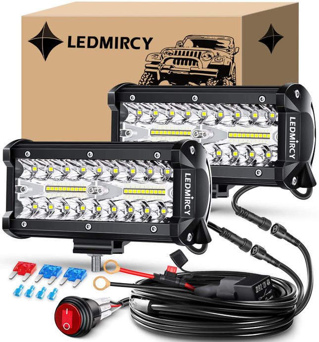 Light Bar,Ledmircy 7 Inch LED Light Bar Kit with round Toggle Switch Wiring Harness 2 Lead White LED Pod Lights Triple R