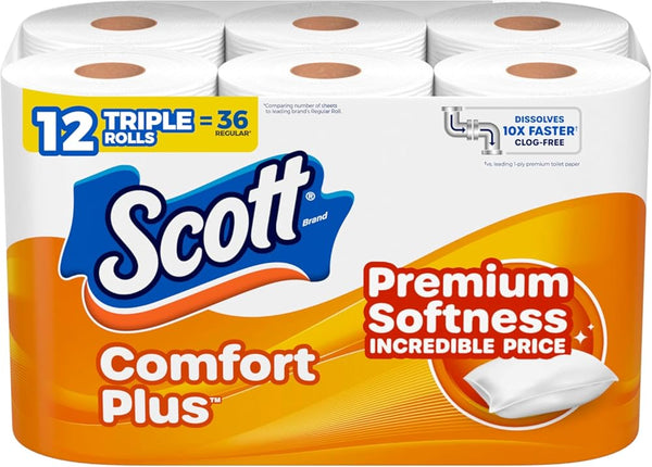 Scott Comfortplus Toilet Paper, 12 Double Rolls, 231 Sheets per Roll, Septic-Safe, 1-Ply Toilet Tissue