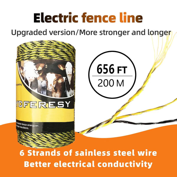Electric Fence Polywire 656 Feetï¼200 Meterï¼6 Stainless Steel Strands for Reliable Conductivity and Rust Resistanceï¼Portable Electric Fence Rope