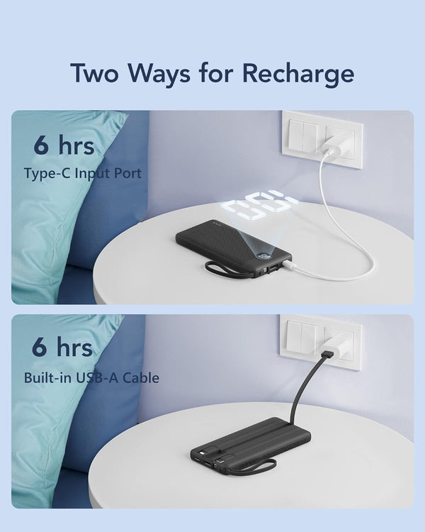 VRURC Portable Charger with Built in Cables, 10000Mah Travel Essentials Power Bank, 5 Output 2 Input LED Display External Battery Pack Compatible