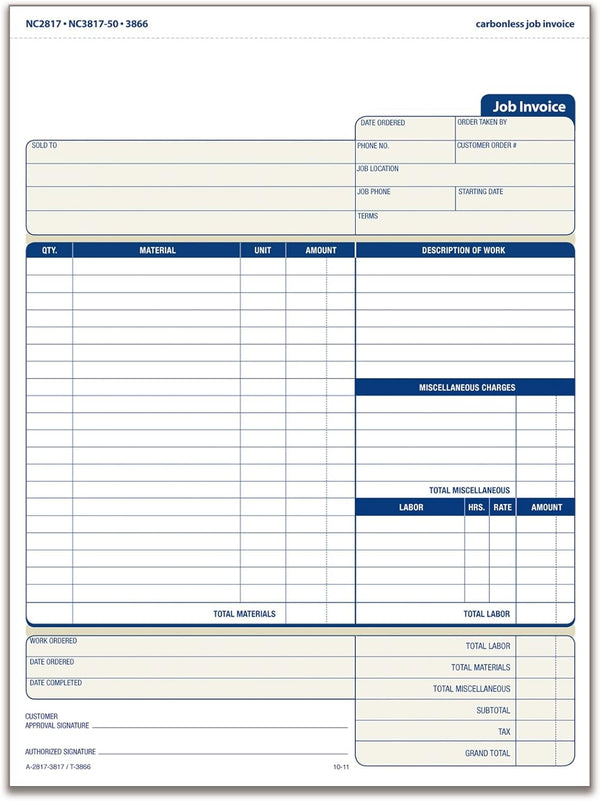 Adams Job Invoice Forms, 2-Part Carbonless, for Service and Repair Billing, 100 Individual Sets per Pack (NC2817), White, 8-1/2 X 11Inches