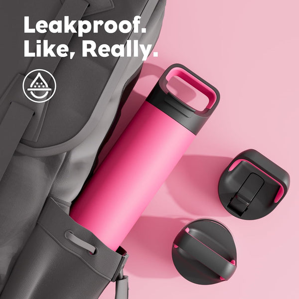 24 Oz Insulated Water Bottle for Sports: 3 Lids, Leakproof, Keep Cold 24H, Car Cupholder Friendly, Stainless Steel Water Flask with Straw and