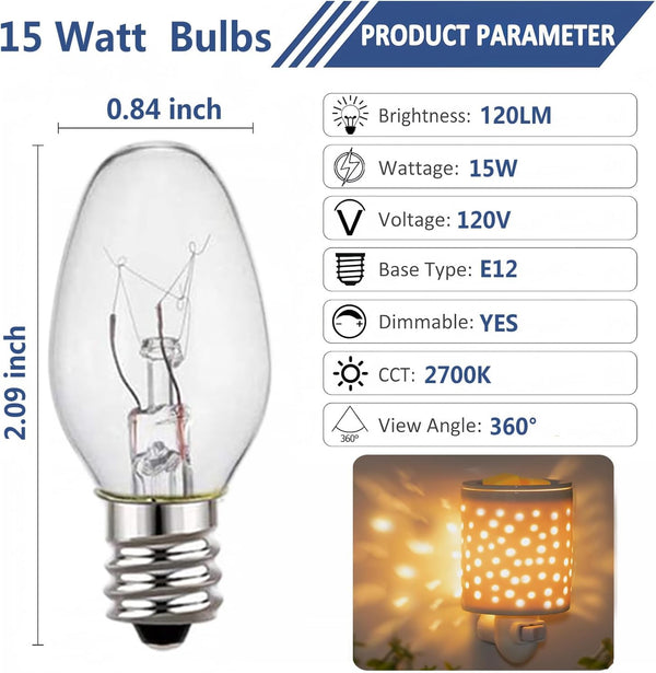 Wax Warmer Bulb - Salt Lamp Bulb - 15 Watt Light Bulbs for Scentsy Wax Warmer,C7/120V/E12 Long Lasting Nightlight Replacement Bulbs for Plug in