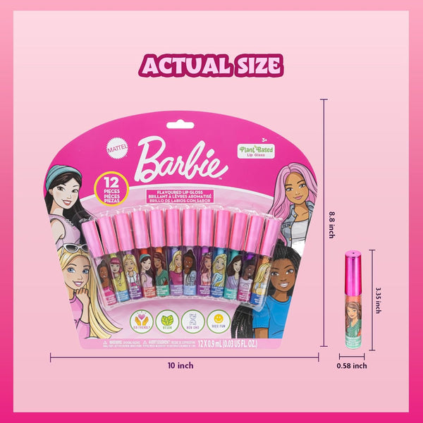 Barbie 12 Piece Plant Based Lip Gloss, Girls Party Favors, First Makeup Set for Girl, Perfect for Parties, Sleepovers, and Birthday Gifts, Ages