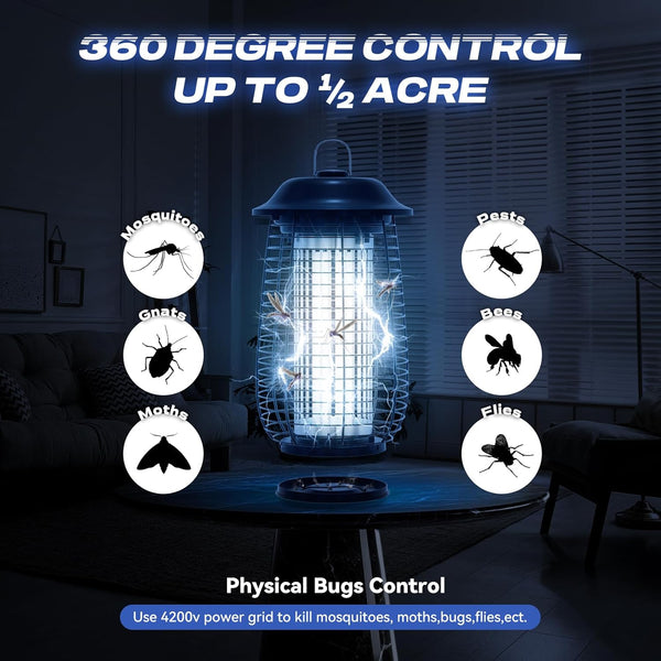 Bug Zapper Indoor & Outdoor, 4200V Electric Mosquito Zapper, 10 Years Lifespan, 6.5Ft Power Cord, Waterproof, Fly Trap Mosquito Trap, Fly Killer