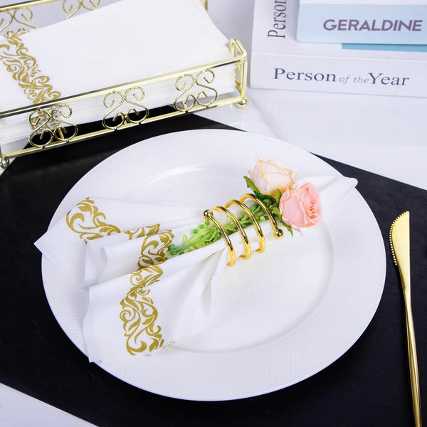 I00000 200 Pack Gold Napkins Disposable Hand Towels, Soft and Absorbent Christmas Bathroom Napkins Disposable, White and Gold for Christmas Party