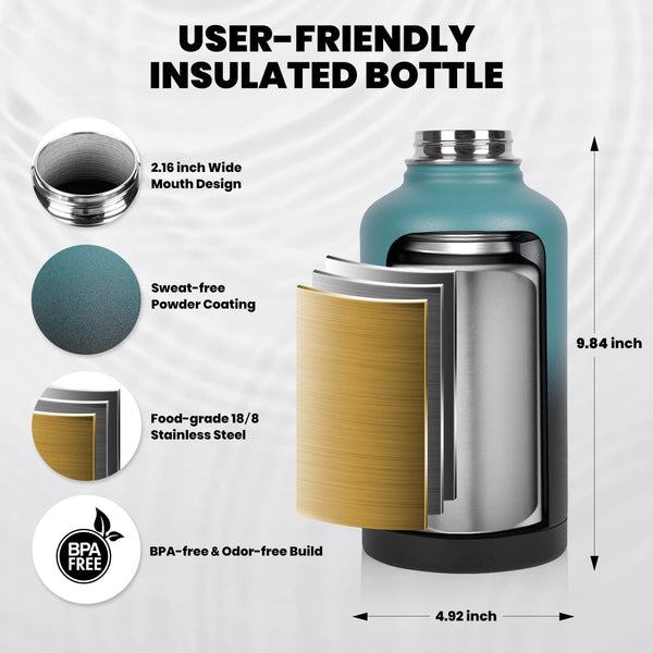 Insulated Water Bottle 64 Oz, Triple Wall Vacuum Stainless Steel (Cold for 48 Hrs), Leak Proof & Non-Bpa, Half Gallon Water Flask Jug with