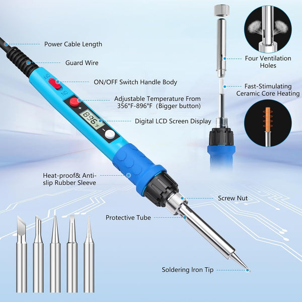 Soldering Iron Kit, 80W 110V LCD Digital Solder Iron Pen with Ceramic Heater, Portable Welding Tools with 5pcs Tips, Stand, Solders Wire, Sponge,