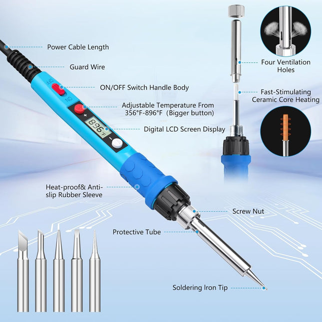 Soldering Iron Kit, 80W 110V LCD Digital Solder Iron Pen with Ceramic Heater, Portable Welding Tools with 5pcs Tips, Sta