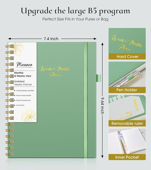 Undated Weekly and Monthly Planner, B5 Large Weekly to Do List Notebook with Goal & Habit Tracker Organizer, Hardcover Spiral Bound Blank Monthly