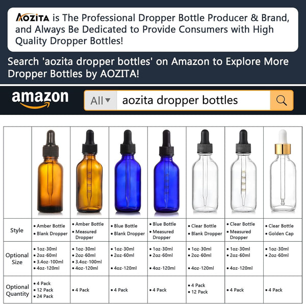 AOZITA 4 Pack, 2 Oz Dropper Bottles with 1 Funnel & 4 Labels - Essential Oils Bottles for Health, Personal Care & Beauty - 60Ml Thick Dark Amber