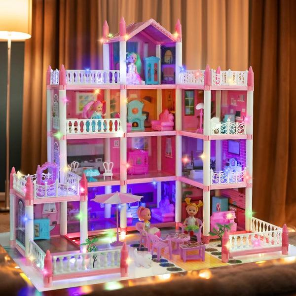 Doll House, Dream Dollhouse for Girls Pretend-Play DIY Dollhouse Kit - 4-Story 11 Rooms Playhouse with 4 Dolls Toy Figures, Furniture and