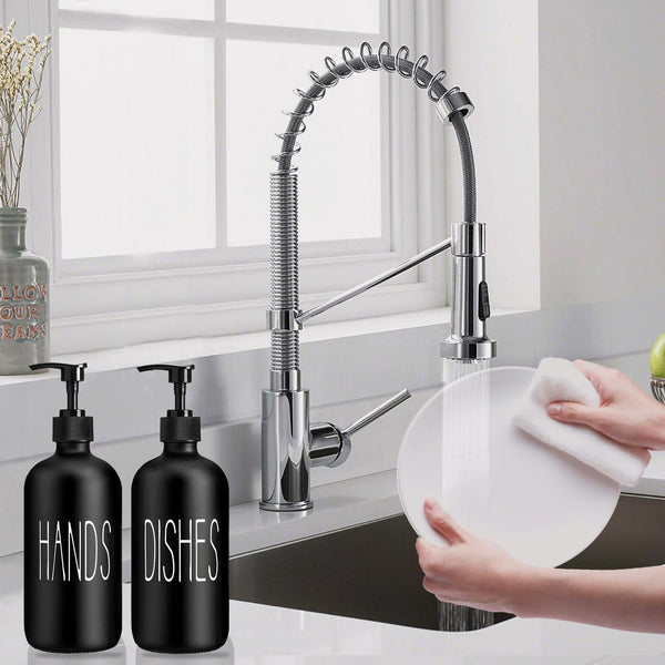 Glass Soap Dispenser Set 2 Pack,Contains Hand and Dish Soap Dispenser.Premium 16 Oz Black Kitchen Soap Dispenser Set for Kitchen Sink and