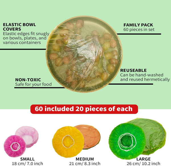 NEPAK 60 Pcs Bowl Covers Reusable, 3 Sizes Plastic Food Covers, Elastic Film Fits Most Plates and Dishes, Proofing Cover for Kitchen Picnic