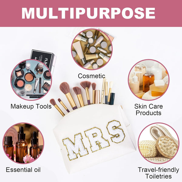 Bride Gifts MRS Patch Travel Makeup Bag Varsity Letter Cosmetic Toiletry Bag Letter Patches White Makeup PU Bag Bride Clutch Purse Waterproof