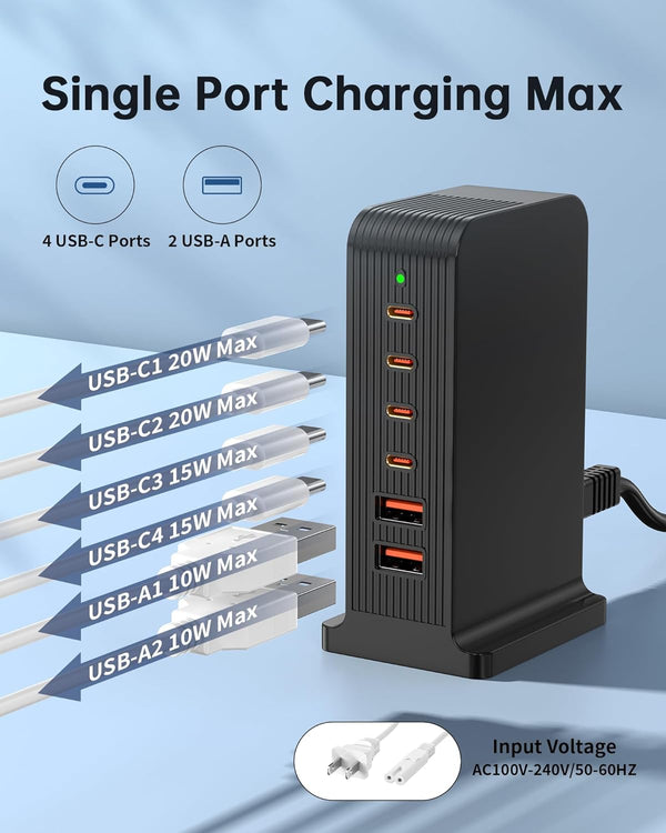 USB C Charging Station 55W,6-Port USB Charger for Multiple Devices,Usb C Fast Charging Hub Compatible with Iphone/Android/Samsung/Tablet,Etc