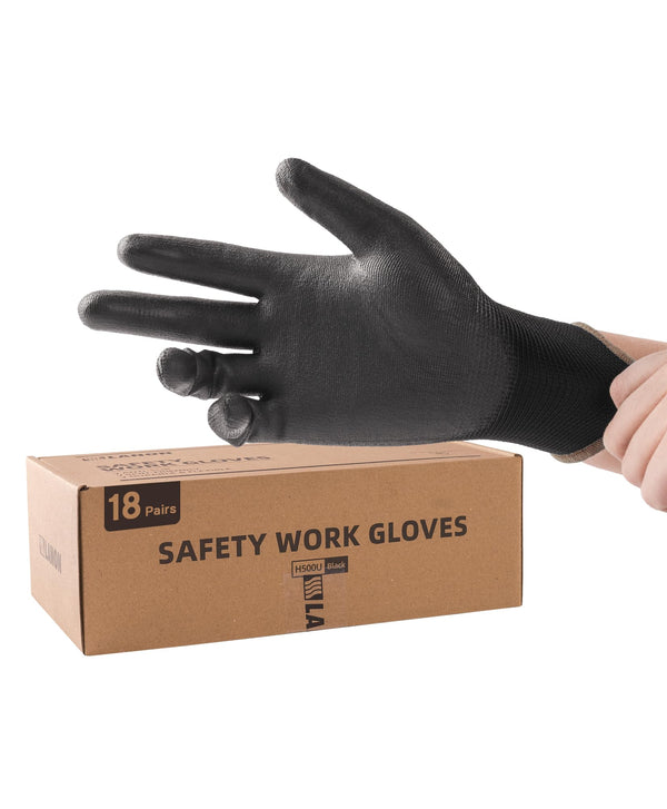 LANON Safety Work Gloves for Men and Women, 18 Pairs Mechanic Black Working Gloves with Grip Odorless PU Coated, Seamless Knit, Full Fingertip