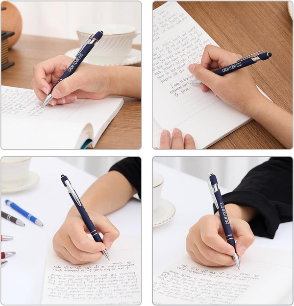 Funny Pens - 12 Pack Fine Point Smooth Writing Pens with Inspirational Tips, Black Ink, Touch Stylus Screens, Motivational Gift for Office & Desk
