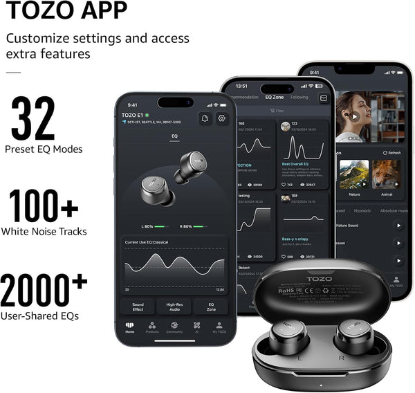 TOZO E1 Wireless Earbuds Build in Mic Clear Calls Ergonomic Light Weight Bluetooth 5.3 in Ear Headphones IPX6 Waterproof Premium Stereo Sound Ear