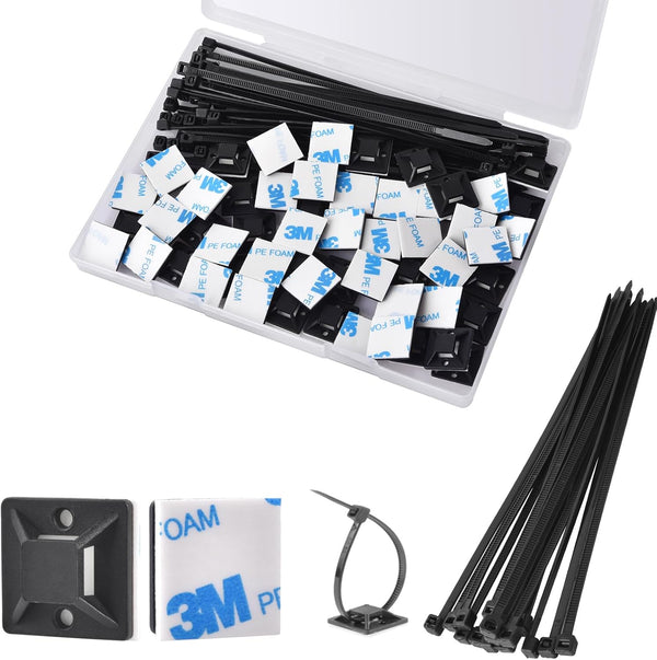 Strong Back-Glue Self Adhesive Cable Zip Tie Mounts Kit - 100 Set Cable Management Clips with 6" Zip Ties, Wire Holders - Outdoor Sticky Wire