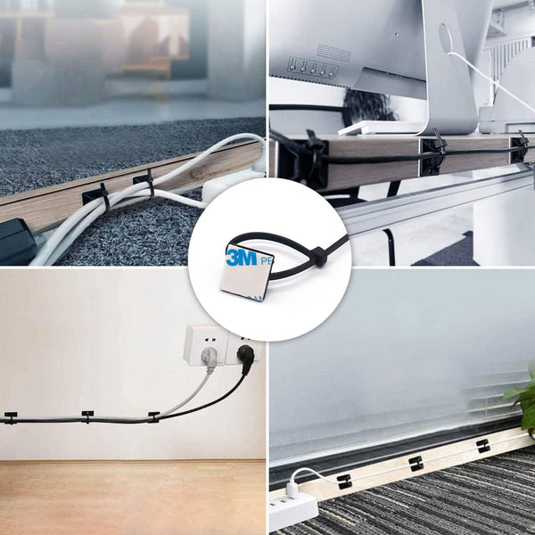Strong Back-Glue Self Adhesive Cable Zip Tie Mounts Kit - 100 Set Cable Management Clips with 6" Zip Ties, Wire Holders - Outdoor Sticky Wire