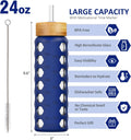 MUKOKO 24Oz Glass Water Bottle with 2 Lids-Handle Flip Lid&Bamboo Straw Lid,Motivational Water Tumbler with Time Marker Reminder and Silicone
