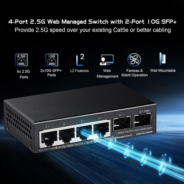 Binardat 4 Port 2.5G Web Managed Switch with 2X10G SFP+ Slot, Ultra-Mini Size, Support Trunk/Lacp/Vlan/Qos, Metal Multi-Gigabit Desktop/Wallmount