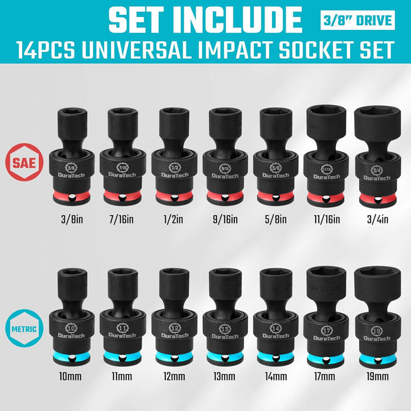 DURATECH 3/8" Drive Impact Swivel Socket Set, Shallow Universal Wobble Socket, Sae&Metric Socket Set with Flexible Joint, 14 Pieces, Cr-Mo Steel,