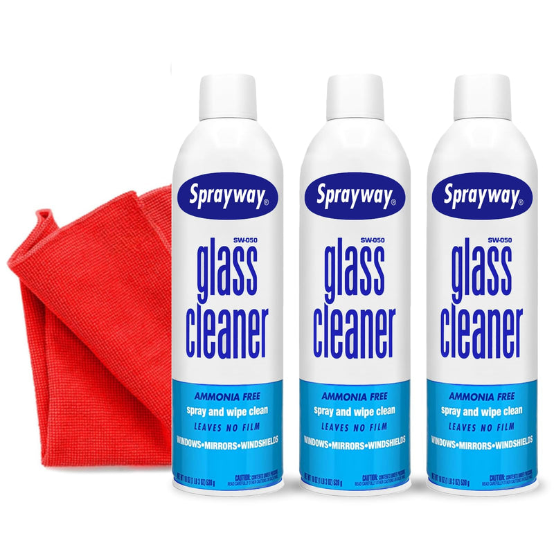 3 Pack Sprayway Glass Cleaner W/Microfiber Cleaning Cloth - Streak-Free Shine, Safe Formula, Multi Surface Glass, Door, Mirror & Window Cleaner