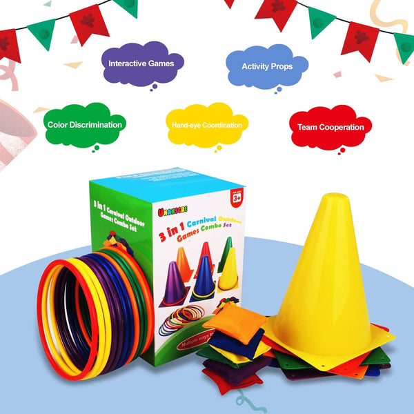 Unanscre 31PCS 3 in 1 Carnival Outdoor Games Combo Set for Kids, Soft Plastic Cones Bean Bags Ring Toss Game, Gift for Birthday Party/Xmas