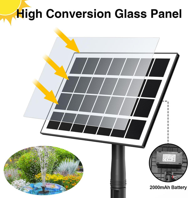 Solar Fountain Kit Works in Shade Glass,3.5W Solar Water Pump with 2000Mah Battery, Solar Bird Bath Fountain with Sucker and Stake for Garden,