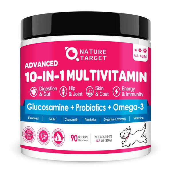 NATURE TARGET Dog Vitamins Powder, Probiotics & Digestive Enzymes for Gut Health, Glucosamine & Chondroitin & Omega 3, Complete Supplement for