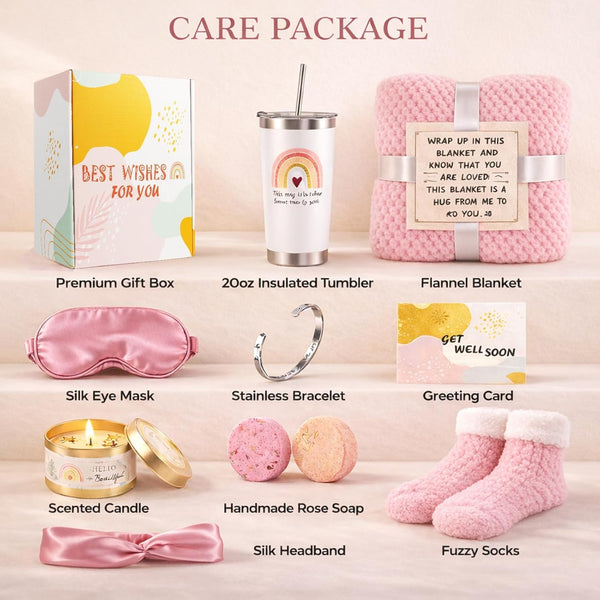 Get Well Soon Care Package for Women, 12 Pcs Deluxe Self-Care Gift Box with Pink Cozy Blanket, Tumbler, Candle & Spa Feel Better Basket – After