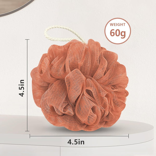Shower Loofah Bath Sponge, 60G Loofah Exfoliating Body Scrubber, 4 Color Mesh Shower Pouf Balls for Body Wash (Caramel Coffee)