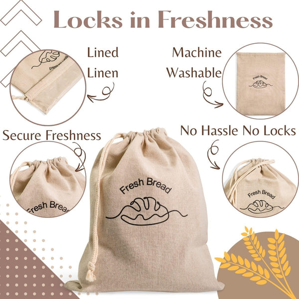 Simply H&K Linen Bread Bags [Pack of 3] with Inner Lining - Keeps Homemade Bread Fresh & Secure - Perfect for Sourdough & Gift Giving - Set of