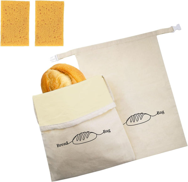 Bread Bags for Homemade Bread 2 Pack, XL Reusable Linen Food Storage Bags with Beeswax Wraps, Freezer Safe, Baking Supplies for Sourdough with