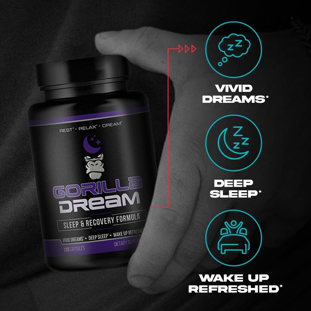 Gorilla Mind Dream Sleep Supplement (120 Capsules) - Nootropic Infused Comprehensive Sleep & Recovery Supplement - GABA, Melatonin, Valerian Root, Magnesium, L-Theanine, Sensoril, Ashwagandha & More